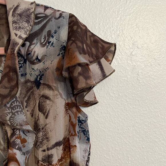 Belissimo M Fairy Sheer Ruffle Peplum Flutter Sleeve Neutral Floral Blouse Top - Picture 2 of 7